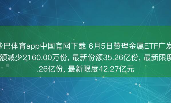 沙巴体育app中国官网下载 6月5日赞理金属ETF广发(159608)份额减少2160.00万份， 最新份额35.26亿份， 最新限度42.27亿元